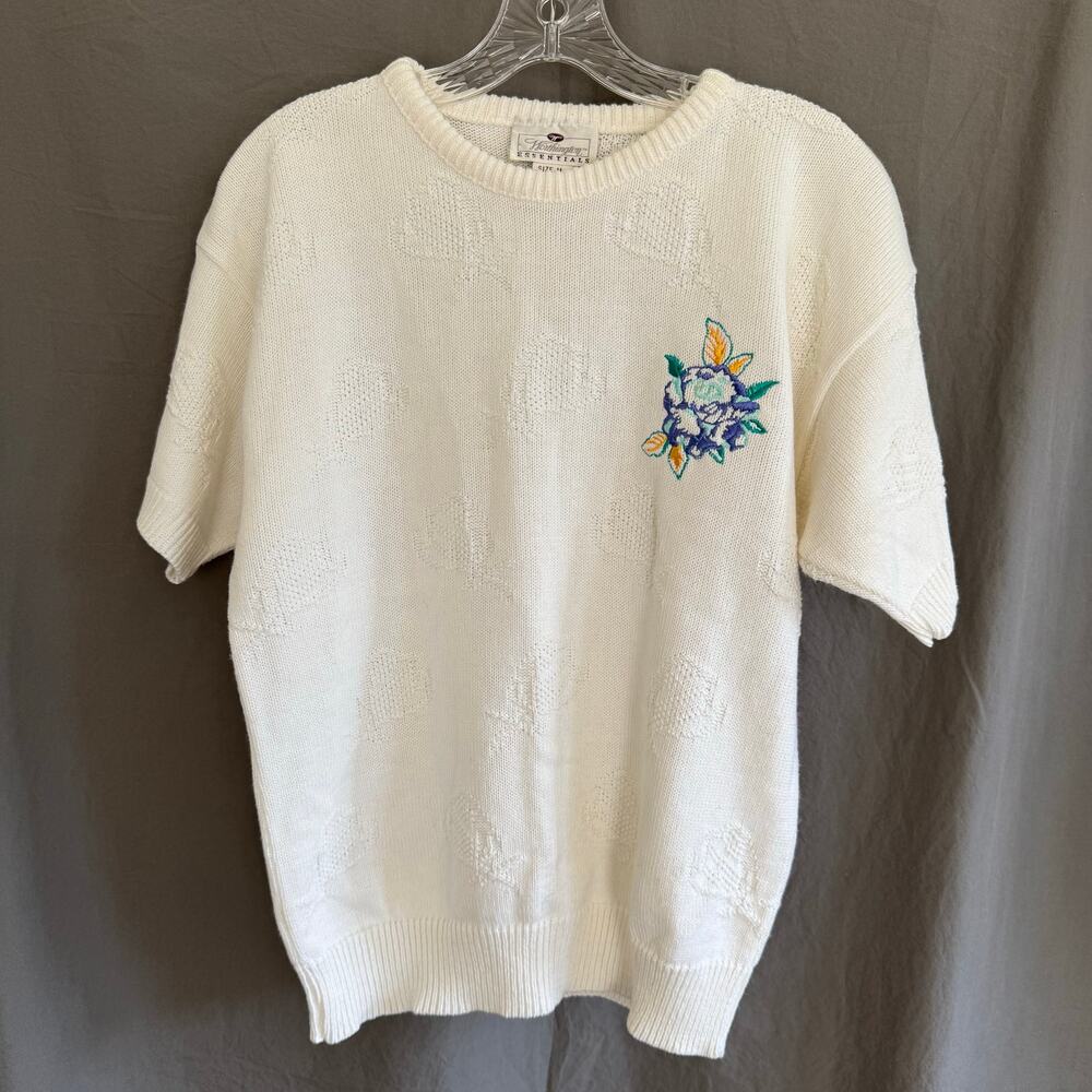 Vintage Worthington Sweater 80s Floral Embroidery Hearts Kitsch Cute Size Medium